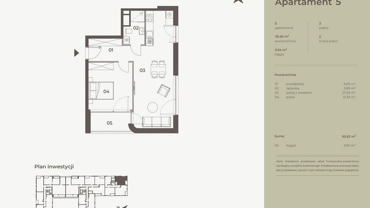 Rzut - Mieszkanie na sprzedaż 2 pokoje o powierzchni 50,62 m² - numer 5 w Monument