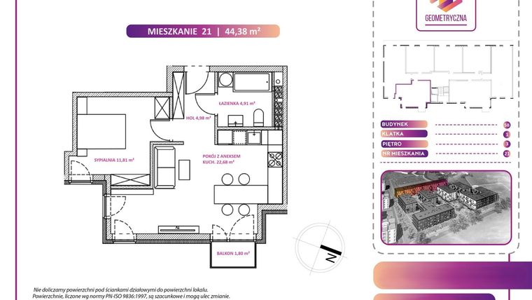 Rzut - Mieszkanie na sprzedaż 2 pokoje o powierzchni 44,38 m² - numer 21B w Geometryczna 5 - etap 3