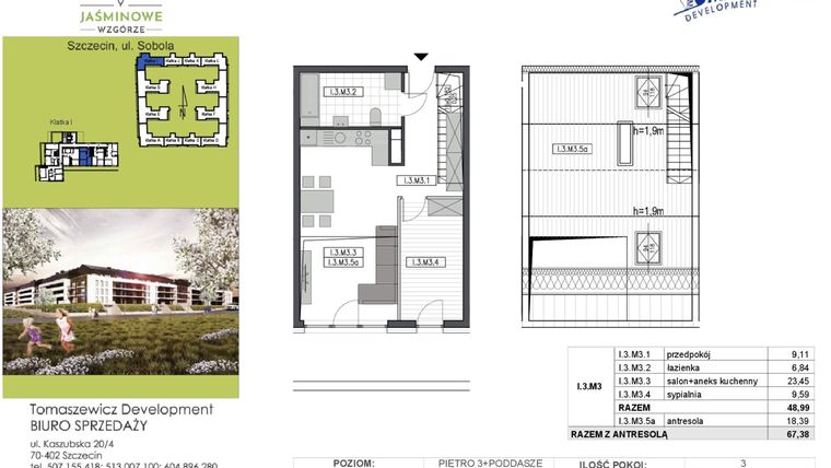 Rzut - Mieszkanie na sprzedaż 3 pokoje o powierzchni 67,38 m² - numer I3M3 w Jaśminowe Wzgórze - etap II