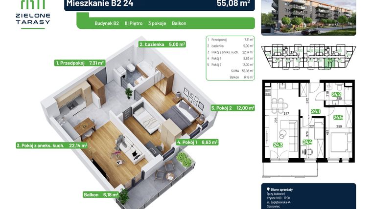 Rzut - Mieszkanie na sprzedaż 3 pokoje o powierzchni 55,08 m² - numer B2.24 w Zielone Tarasy