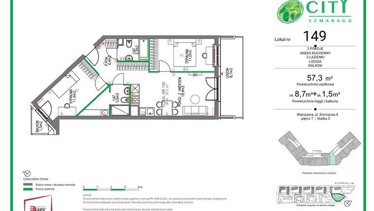Rzut - Mieszkanie na sprzedaż 3 pokoje o powierzchni 57,3 m² - numer 149 w Comfort City Szmaragd