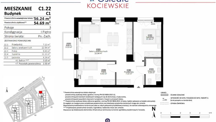 Rzut - Mieszkanie na sprzedaż 3 pokoje o powierzchni 54,69 m² - numer C1.22 w Osiedle Kociewskie etap III
