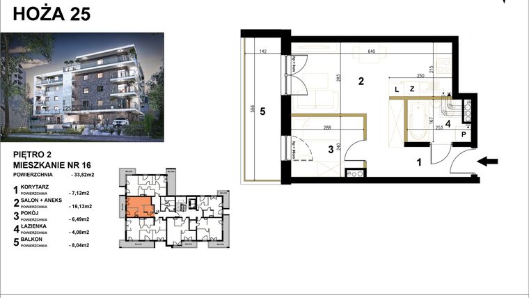 Rzut - Mieszkanie na sprzedaż 2 pokoje o powierzchni 33,82 m² - numer 16 w Hoża 25