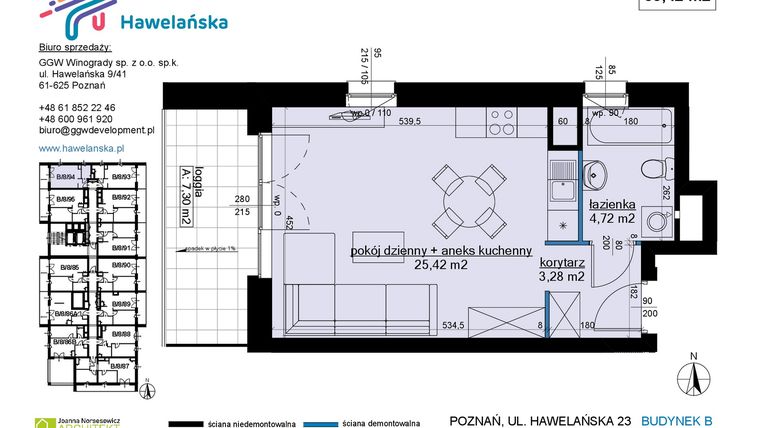 Rzut - Mieszkanie na sprzedaż 1 pokój o powierzchni 33,42 m² - numer B/8/94 w Osiedle Hawelańska etap III - bud. B