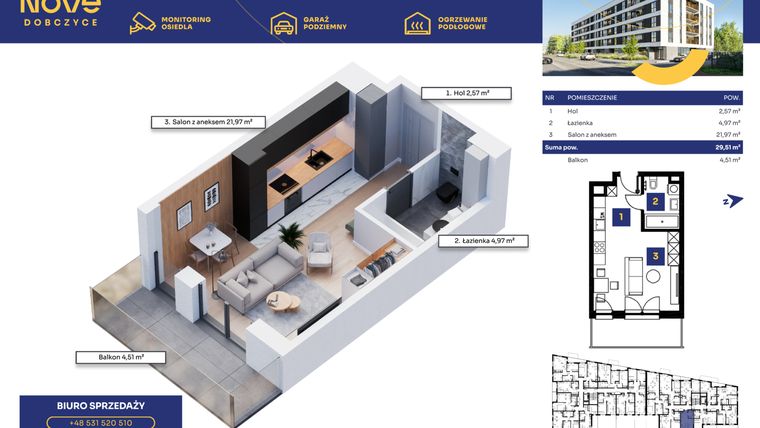 Rzut - Mieszkanie na sprzedaż 1 pokój o powierzchni 29,51 m² - numer M18 w Nove Dobczyce