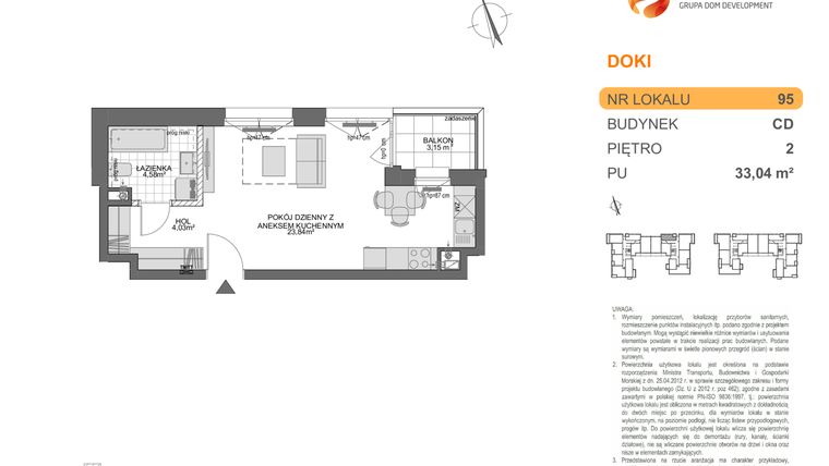 Rzut - Mieszkanie na sprzedaż 1 pokój o powierzchni 33,04 m² - numer CD.95 w DOKI