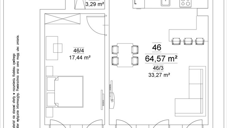 Rzut - Mieszkanie na sprzedaż 2 pokoje o powierzchni 64,57 m² - numer 46 w Osiedle Teatralne 19 - apartamenty inwestycyjne
