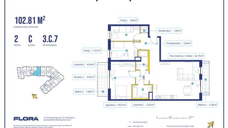 Rzut - Mieszkanie na sprzedaż 4 pokoje o powierzchni 102,81 m² - numer 3.C.7 w Piotra 4