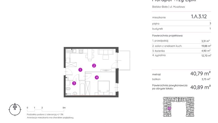 Rzut - Mieszkanie na sprzedaż 2 pokoje o powierzchni 40,89 m² - numer 1.A.3.12 w Murapol Trzy Lipki