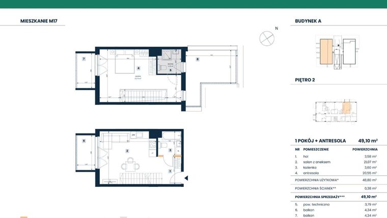 Rzut - Mieszkanie na sprzedaż 2 pokoje o powierzchni 48,83 m² - numer M17 w Reneta