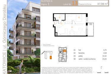 Rzut - Mieszkanie na sprzedaż 2 pokoje o powierzchni 47,08 m² - numer A_13 w Zielony Nikiszowiec