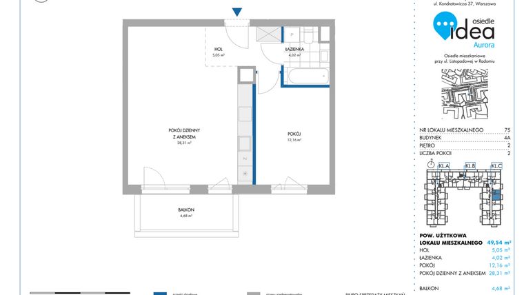 Rzut - Mieszkanie na sprzedaż 2 pokoje o powierzchni 49,56 m² - numer 4A/75 w Osiedle Idea Aurora