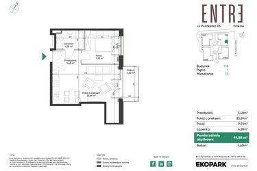 Rzut - Mieszkanie na sprzedaż 2 pokoje o powierzchni 41,38 m² - numer 116-M12 w Entre