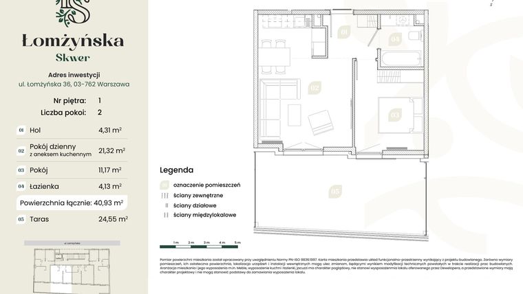 Rzut - Mieszkanie na sprzedaż 2 pokoje o powierzchni 40,93 m² - numer 2 w Łomżyńska Skwer