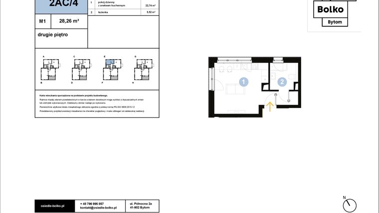 Rzut - Mieszkanie na sprzedaż 1 pokój o powierzchni 28,26 m² - numer 2AC/4 w Osiedle Bolko etap II