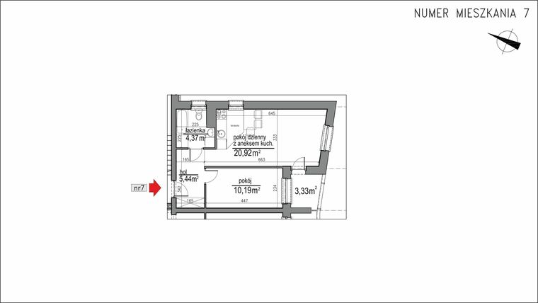 Rzut - Mieszkanie na sprzedaż 2 pokoje o powierzchni 40,92 m² - numer 3m.7 w Osiedle Rytm etap 2