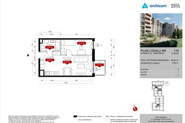 Rzut - Mieszkanie na sprzedaż 2 pokoje o powierzchni 39,49 m² - numer K.118 w Wieża Jeżyce etap V