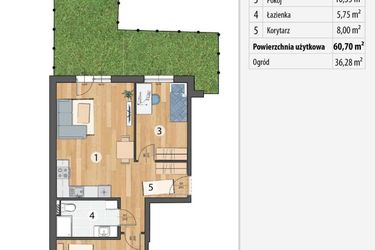 Rzut - Mieszkanie na sprzedaż 3 pokoje o powierzchni 60,7 m² - numer G1-02 w Osada Sportowa Smolec