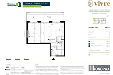 Rzut - Mieszkanie na sprzedaż 2 pokoje o powierzchni 43,33 m² - numer AA0105 w Vivre