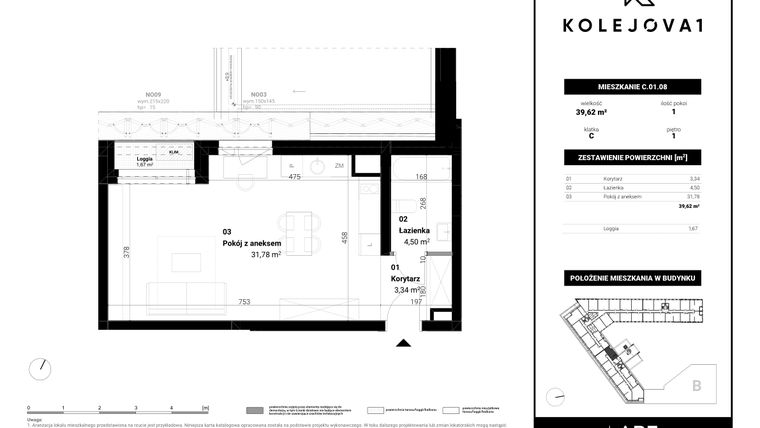 Rzut - Mieszkanie na sprzedaż 1 pokój o powierzchni 39,62 m² - numer C-01-08 w Kolejova 1