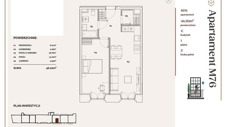 Rzut - Mieszkanie na sprzedaż 2 pokoje o powierzchni 46,2 m² - numer C.76 w Młyny Mogilska