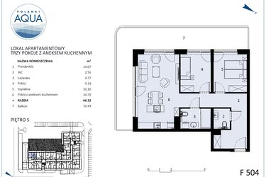 Rzut - Mieszkanie na sprzedaż 3 pokoje o powierzchni 63,48 m² - numer F504 w Polanki Aqua - budynek E i F