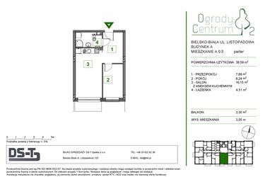 Rzut - Mieszkanie na sprzedaż 2 pokoje o powierzchni 36,59 m² - numer A.0.5 w Ogrody Centrum 2