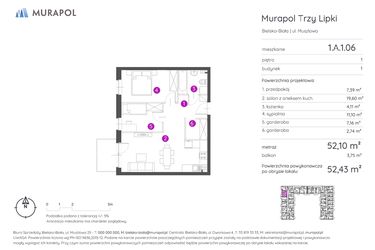 Rzut - Mieszkanie na sprzedaż 2 pokoje o powierzchni 52,43 m² - numer 1.A.1.06 w Murapol Trzy Lipki