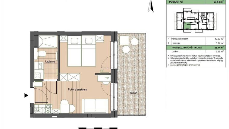 Rzut - Mieszkanie na sprzedaż 2 pokoje o powierzchni 23,54 m² - numer M24 w Stegna Forest 2