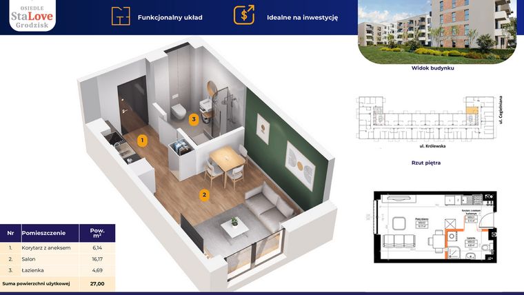 Rzut - Mieszkanie na sprzedaż 1 pokój o powierzchni 27 m² - numer 80 w Osiedle StaLove etap II