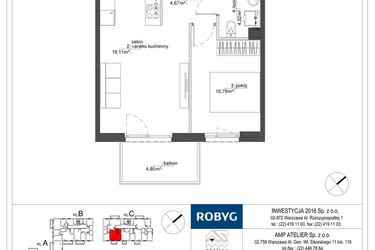 Rzut - Mieszkanie na sprzedaż 2 pokoje o powierzchni 38,89 m² - numer RM/2A/C/1/4 w Rytm Mokotowa - etap 2A