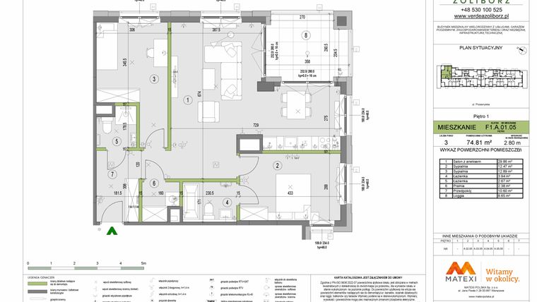 Rzut - Mieszkanie na sprzedaż 3 pokoje o powierzchni 74,81 m² - numer F1.A.01.05 w Verdea Żoliborz