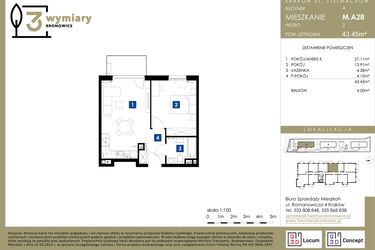 Rzut - Mieszkanie na sprzedaż 2 pokoje o powierzchni 43,45 m² - numer M.A28 w 3 Wymiary Bronowice