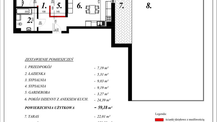 Rzut - Mieszkanie na sprzedaż 3 pokoje o powierzchni 59,18 m² - numer 1 w Enklawa Milanówek