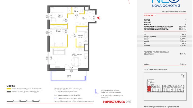 Rzut - Mieszkanie na sprzedaż 3 pokoje o powierzchni 55,67 m² - numer 3 w Neo Nova Ochota 2