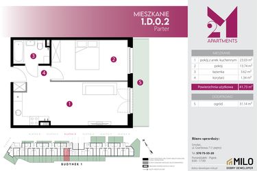 Rzut - Mieszkanie na sprzedaż 2 pokoje o powierzchni 41,73 m² - numer 1.D.0.2 w Maślice Wrocław Milo Dobry Deweloper etap IV