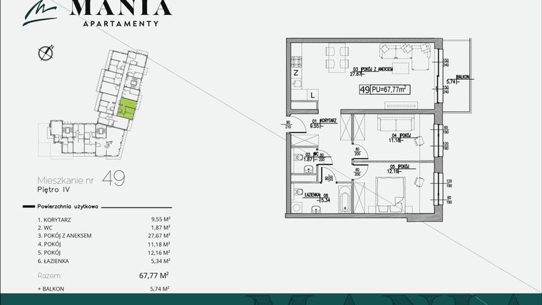 Rzut - Mieszkanie na sprzedaż 3 pokoje o powierzchni 67,77 m² - numer 49 w MANIA Apartamenty