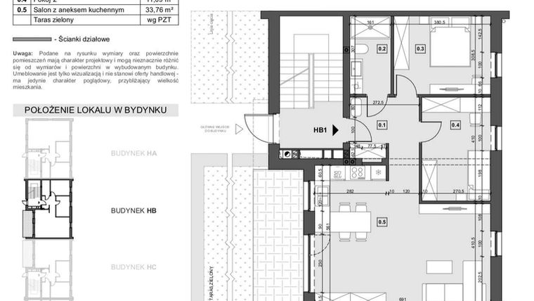 Rzut - Mieszkanie na sprzedaż 3 pokoje o powierzchni 69,25 m² - numer HB1 w Wzgórze Zelwerowicza