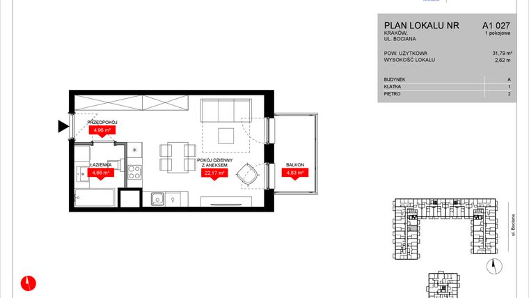 Rzut - Mieszkanie na sprzedaż 1 pokój o powierzchni 31,79 m² - numer A1 027 w Osiedle Bociana 5