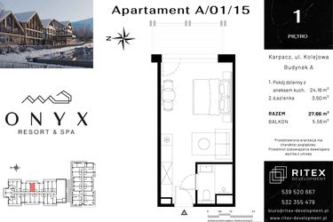 Rzut - Mieszkanie na sprzedaż 1 pokój o powierzchni 27,66 m² - numer 01.A15 w Onyx Resort & Spa