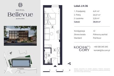 Rzut - Mieszkanie na sprzedaż 1 pokój o powierzchni 28,04 m² - numer 36 w Hotel Bellevue