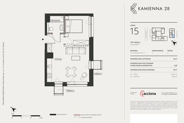 Rzut - Mieszkanie na sprzedaż 1 pokój o powierzchni 39,51 m² - numer 4.15 w Kamienna 28 - apartamenty inwestycyjne