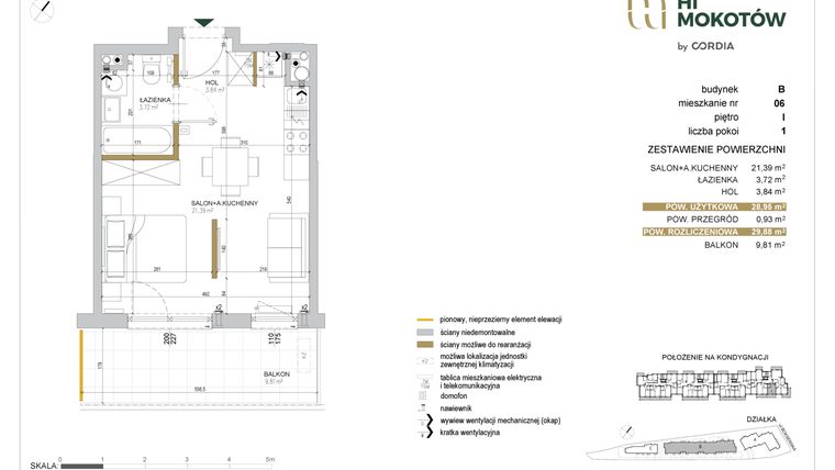 Rzut - Mieszkanie na sprzedaż 1 pokój o powierzchni 28,86 m² - numer A1.B.06 w Hi Mokotów