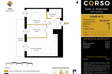 Rzut - Mieszkanie na sprzedaż 3 pokoje o powierzchni 51,34 m² - numer 2A.5 w Corso etap 2