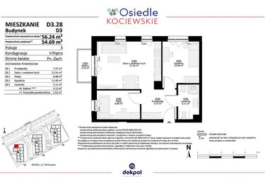 Rzut - Mieszkanie na sprzedaż 3 pokoje o powierzchni 54,69 m² - numer D3.28 w Osiedle Kociewskie etap IV