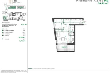 Rzut - Mieszkanie na sprzedaż 2 pokoje o powierzchni 35,31 m² - numer A.3.6 w Apartamenty Pszczyńska
