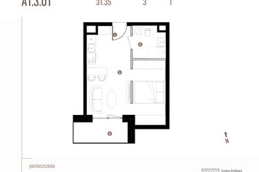 Rzut - Mieszkanie na sprzedaż 1 pokój o powierzchni 31,35 m² - numer A1.3.01 w Belg Apartamenty etap II