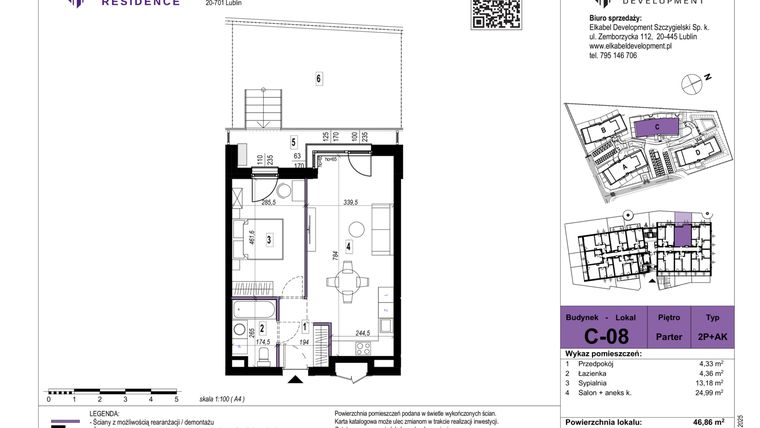 Rzut - Mieszkanie na sprzedaż 2 pokoje o powierzchni 46,86 m² - numer C-08 w Szerokie Residence