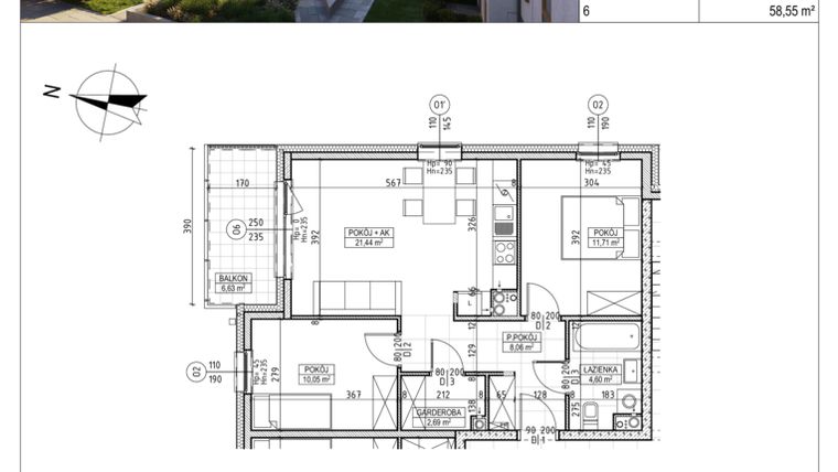 Rzut - Mieszkanie na sprzedaż 3 pokoje o powierzchni 58,55 m² - numer M.B8.01.12 w Osiedle Harmonia bud. B8