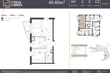 Rzut - Mieszkanie na sprzedaż 3 pokoje o powierzchni 45,6 m² - numer C2_M1 w Stacja Ligocka